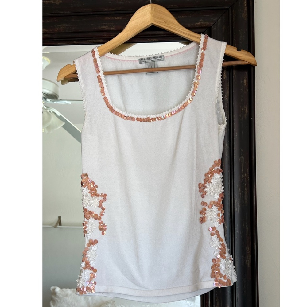 Alberto Malaki White Sequin Floral Appliqué Tank